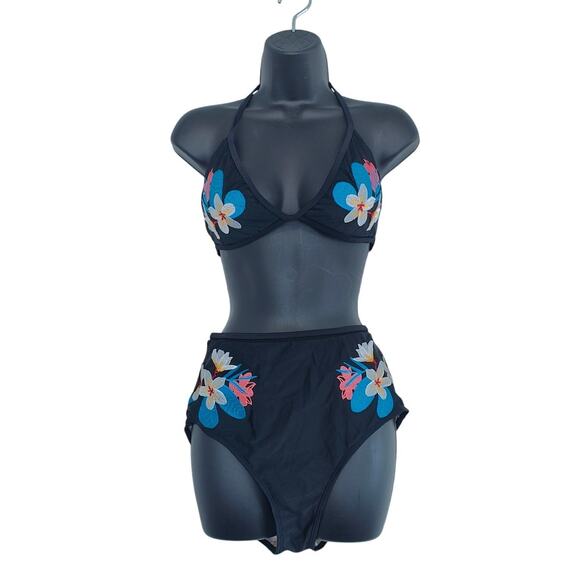Black Floral Halter Top Tie High Waist Bikini two-piece Swimsuit Womens size XL - Picture 1 of 5